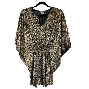 Vtg Kin Top Women L Black Metallic Animal Print Kimono Sleeve Disco 70s Retro 80